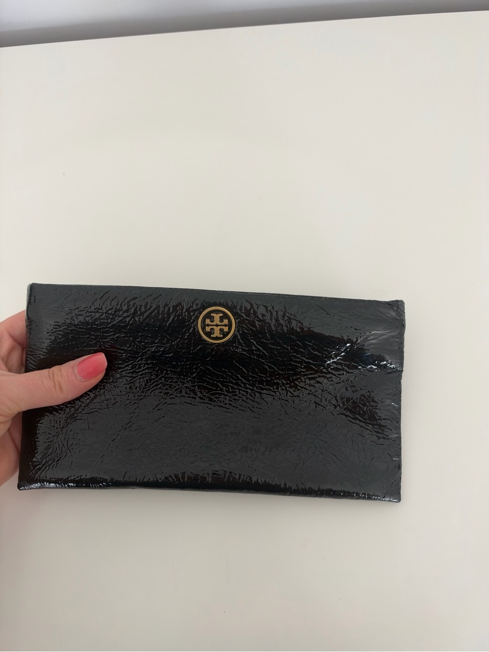 Tory Burch Black Patent Leather Continental Wallet with Gold Logo